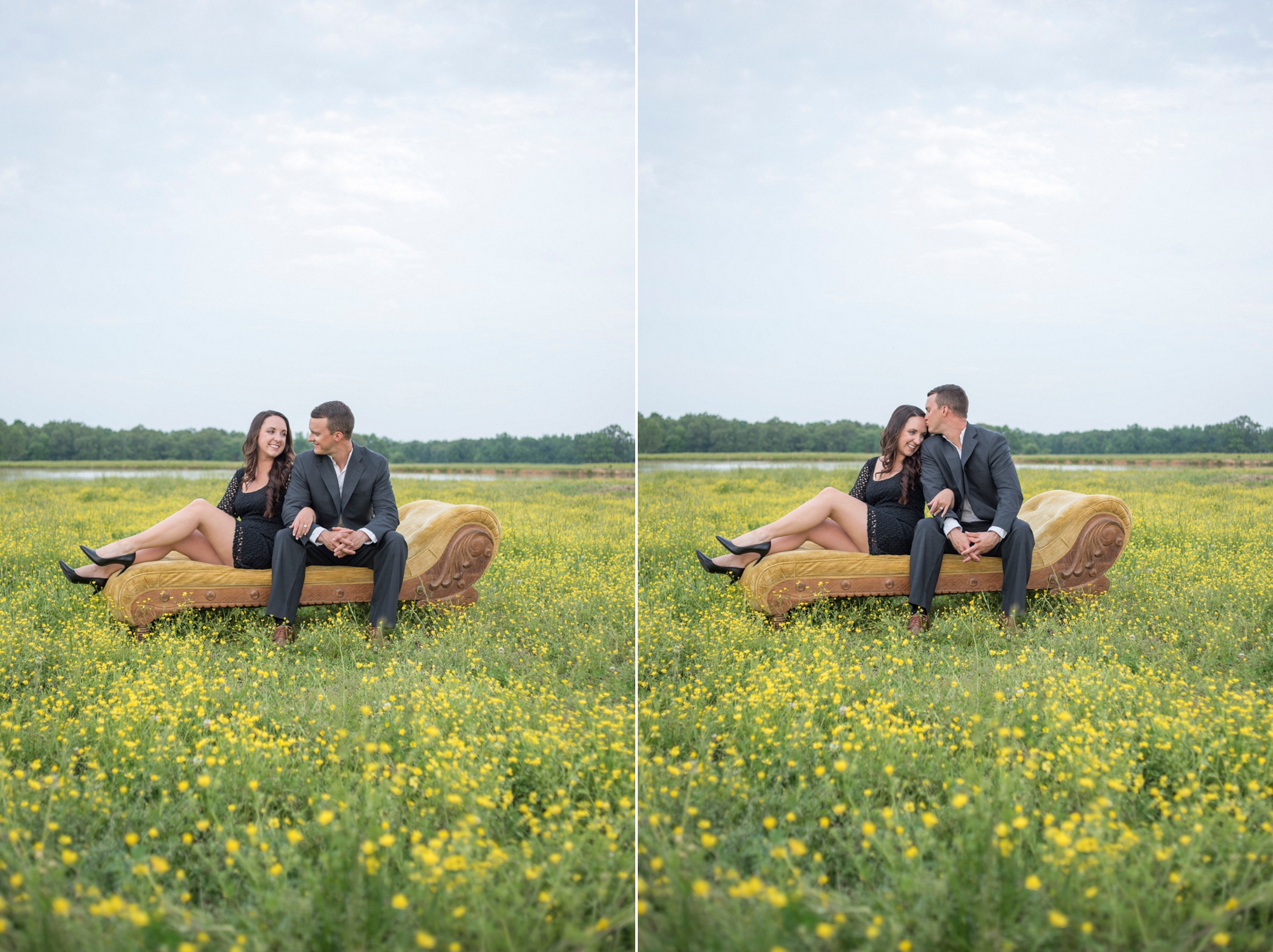 Photos of bride and groom sitting on couch in field of yellow flowers