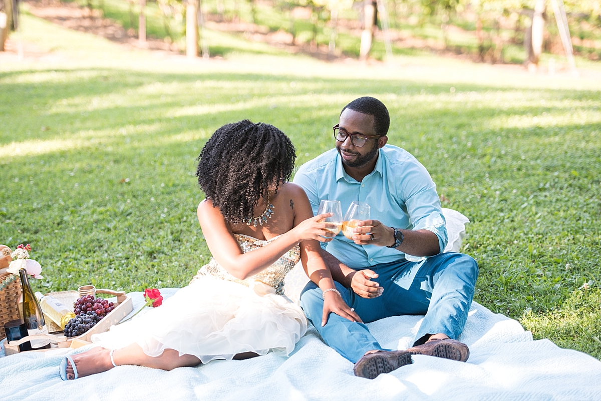 Outdoor picnic at Arrington Vineyards, couple toasting together
