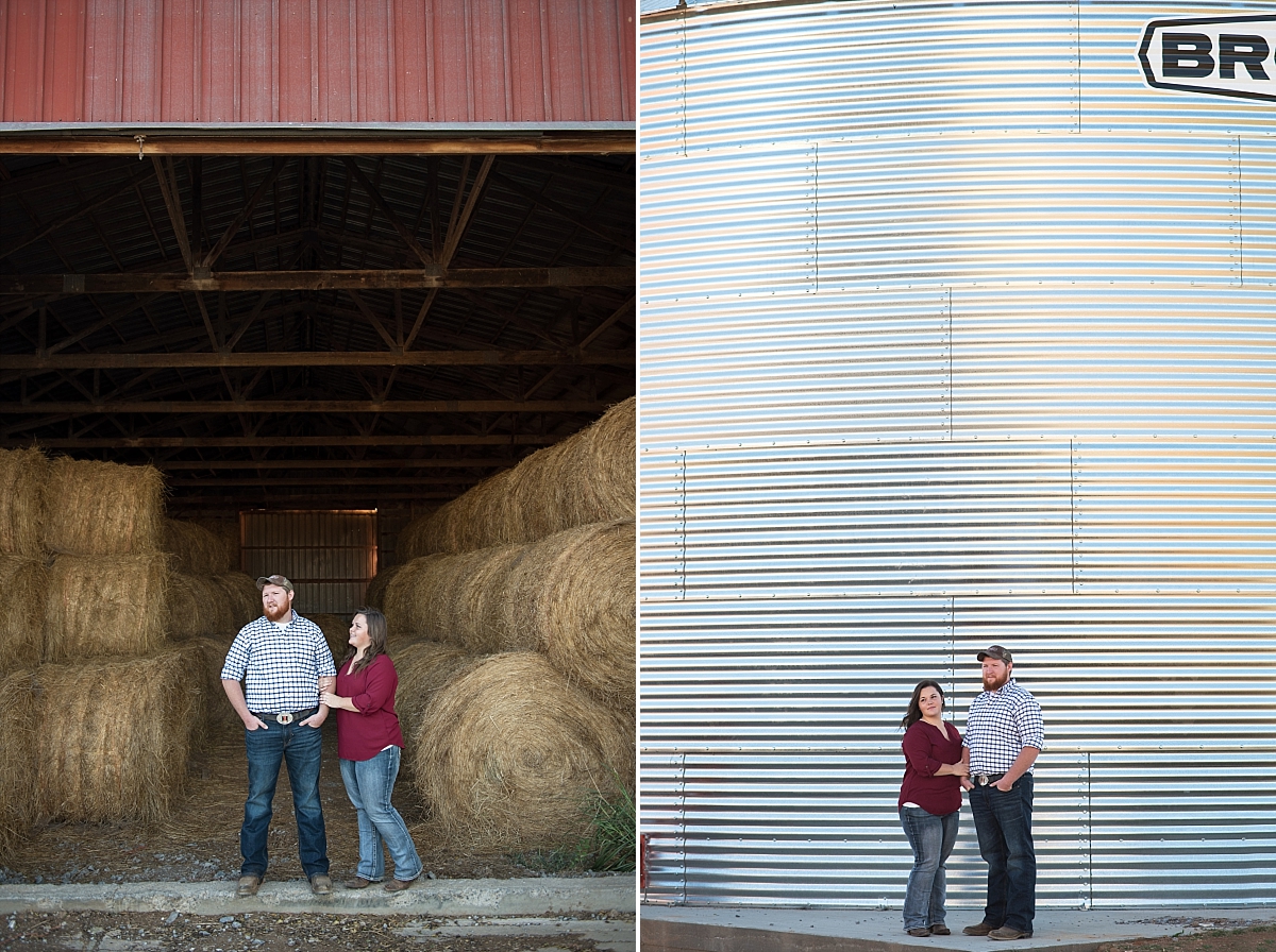 Couple standing outside grain silo for engagement photos
