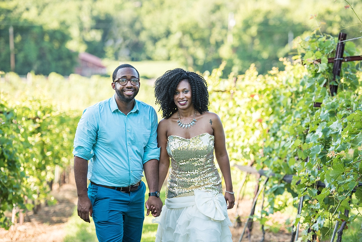 Couple walking through vineyard in Arrington Tennessee