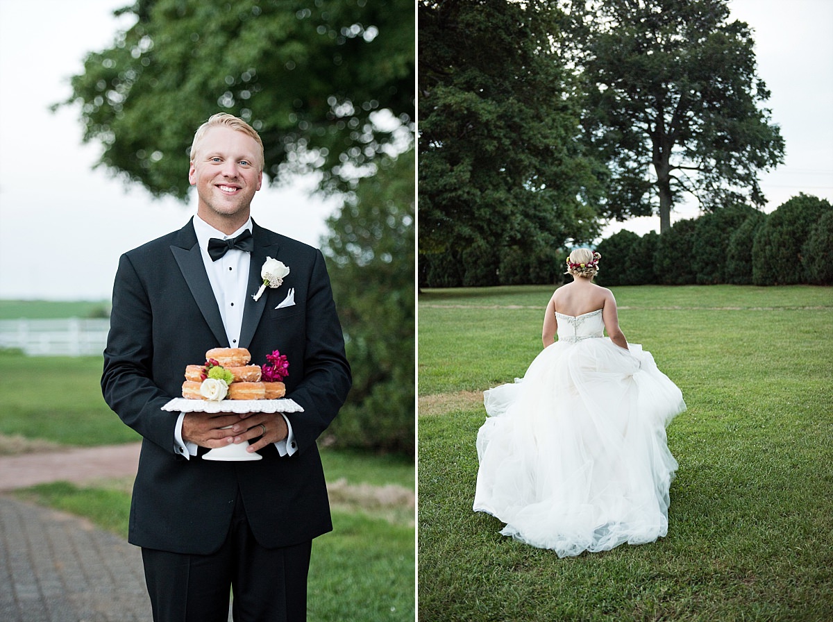Whimsical pretty bridal dress flowing & groom holding Donut Country doughnuts