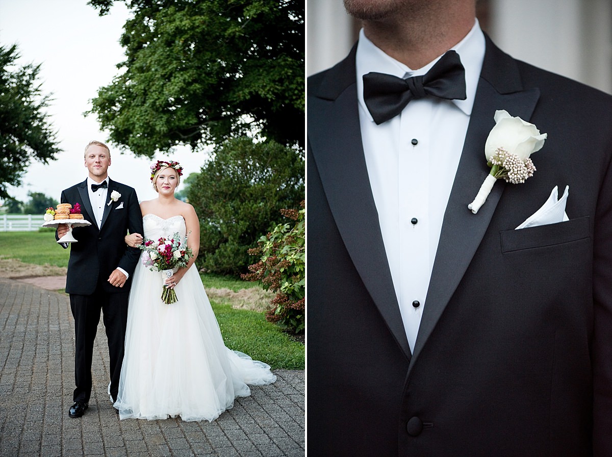 Southern winter wedding with classic black and white tux and black bow tie