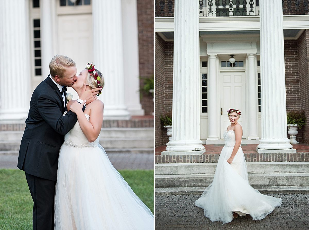Bride and Groom steal a kiss on the front lawn of Rippavilla Plantation venue