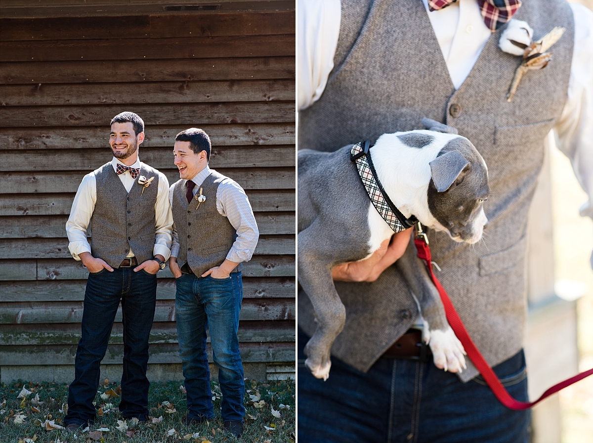 Best man laughing and groom holding dog