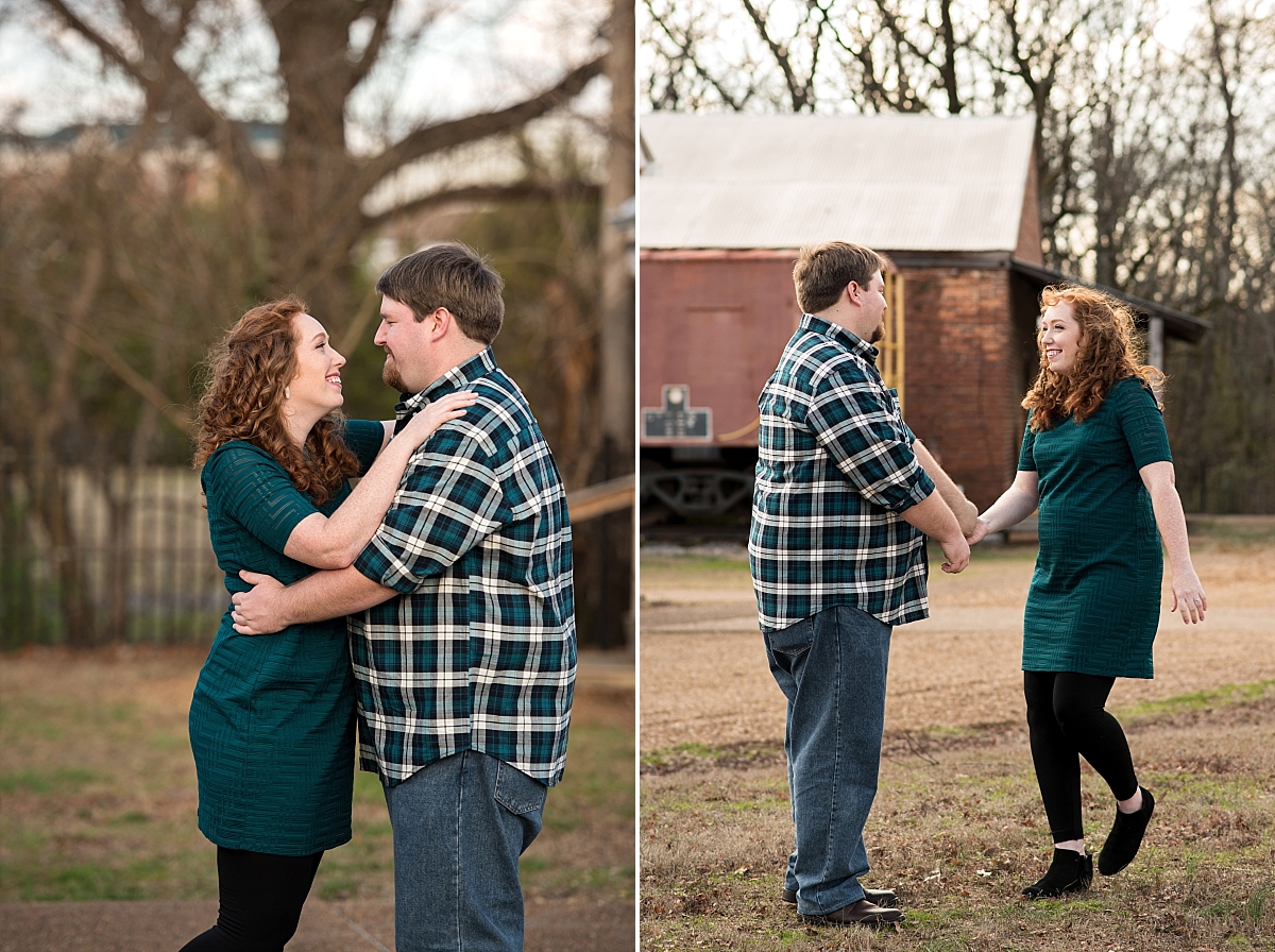 Winter engagement photos dancing together