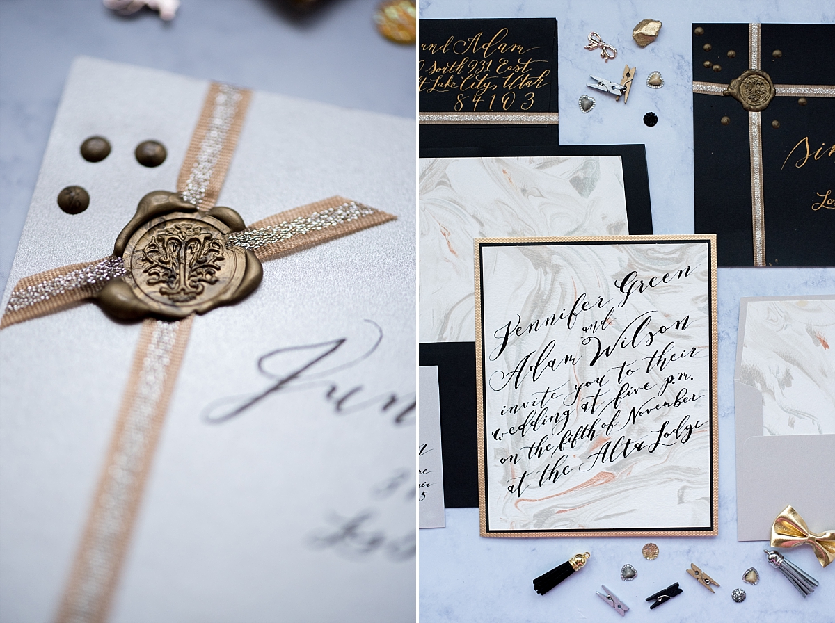 Gold and black marbled wedding invitations