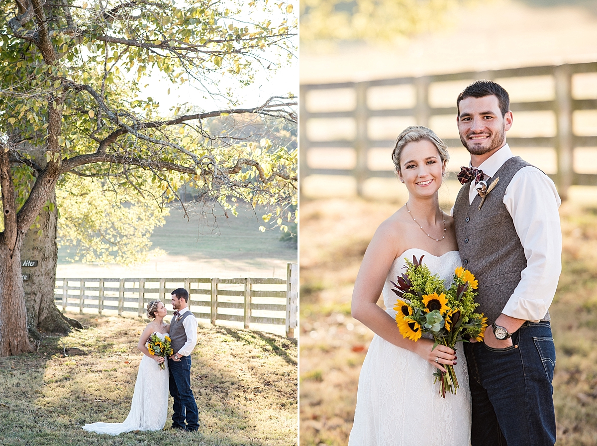 Newlyweds standing under large tree bride holding sunflowers