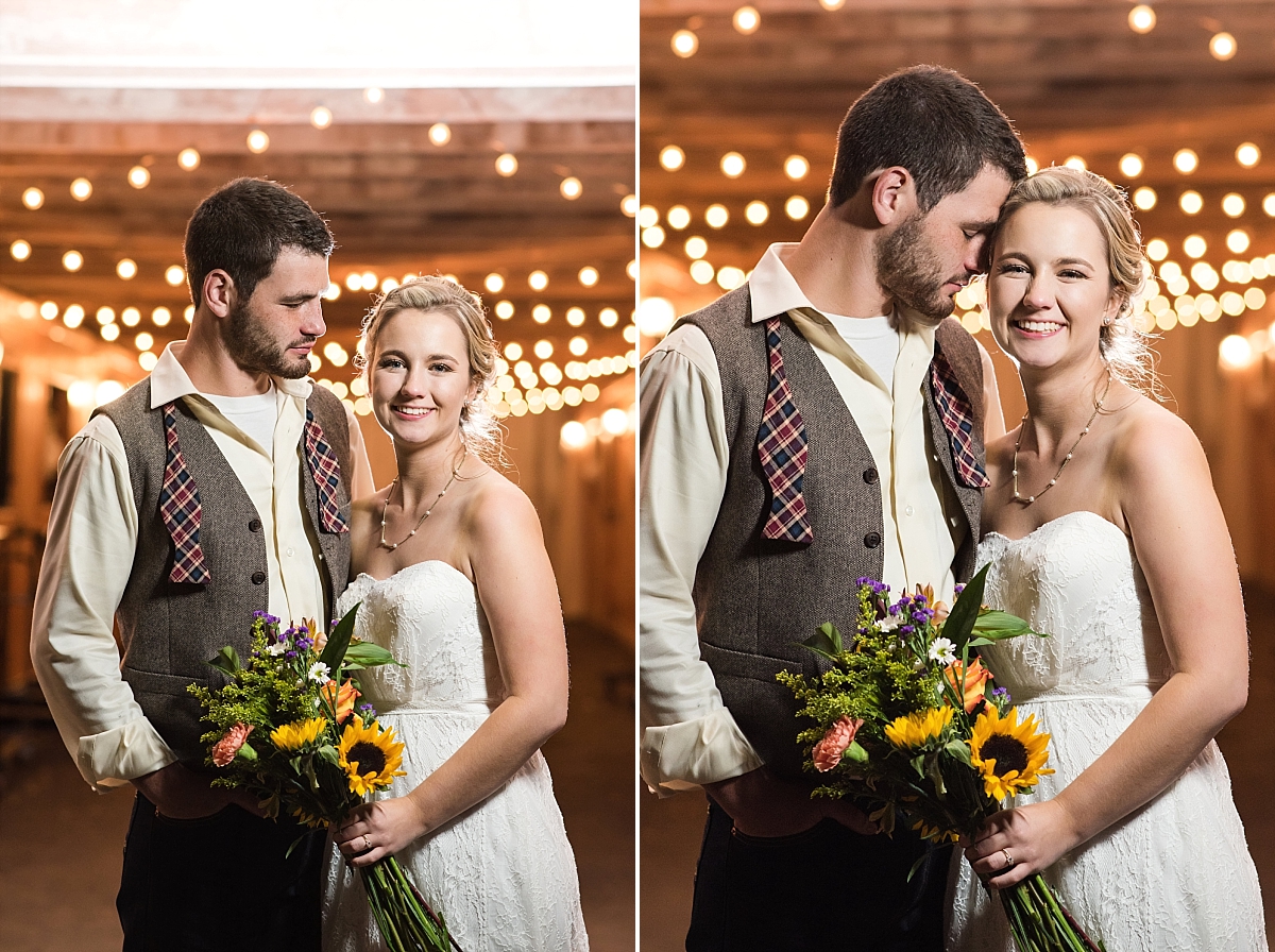 Night photos of bride and groom at barn with twinkle lights