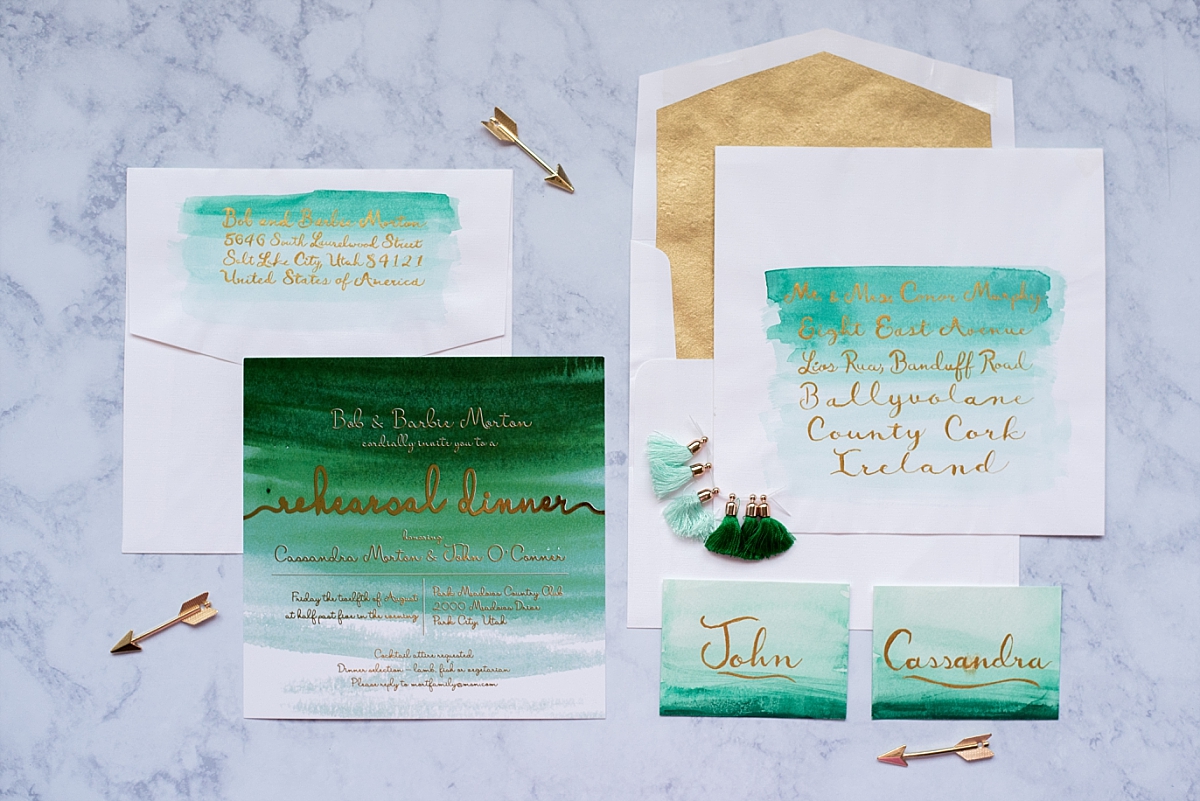 Ombre hunter green with gold and white stationary accents