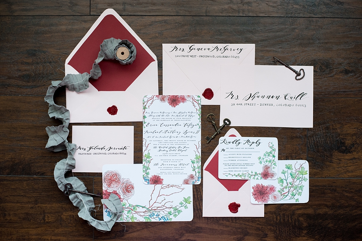 Garden flowers watercolor invitations of red and pink