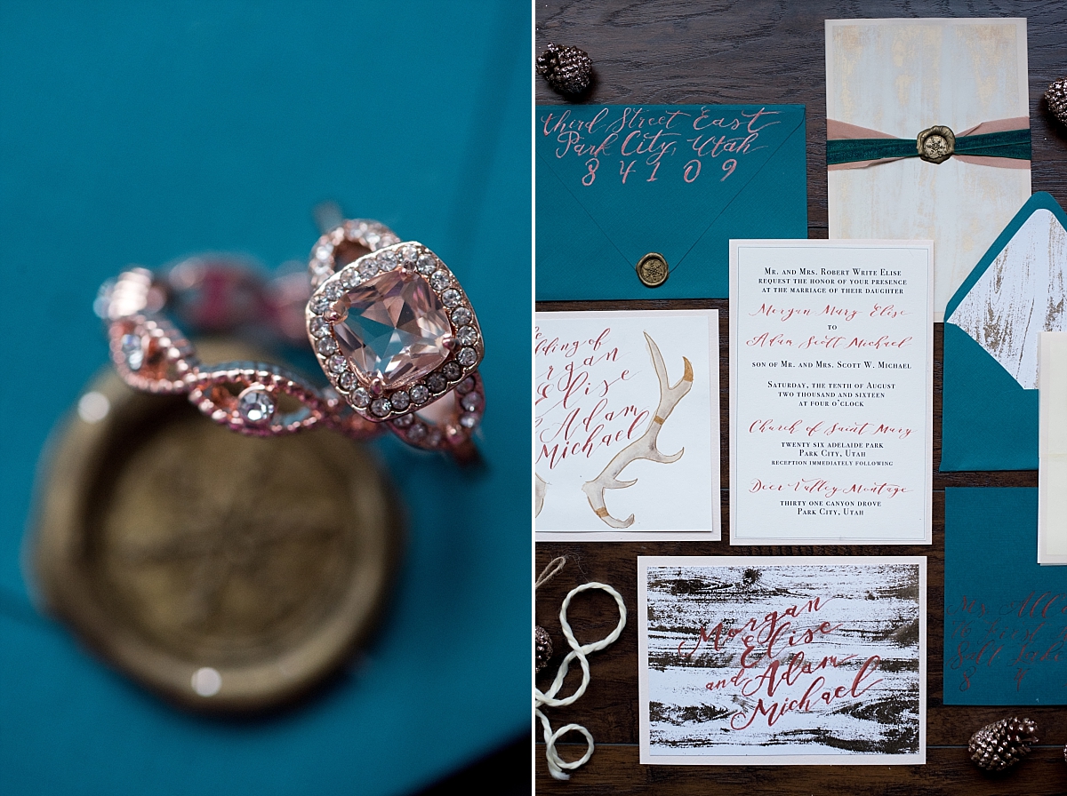 Teal winter inviations with rose gold accents