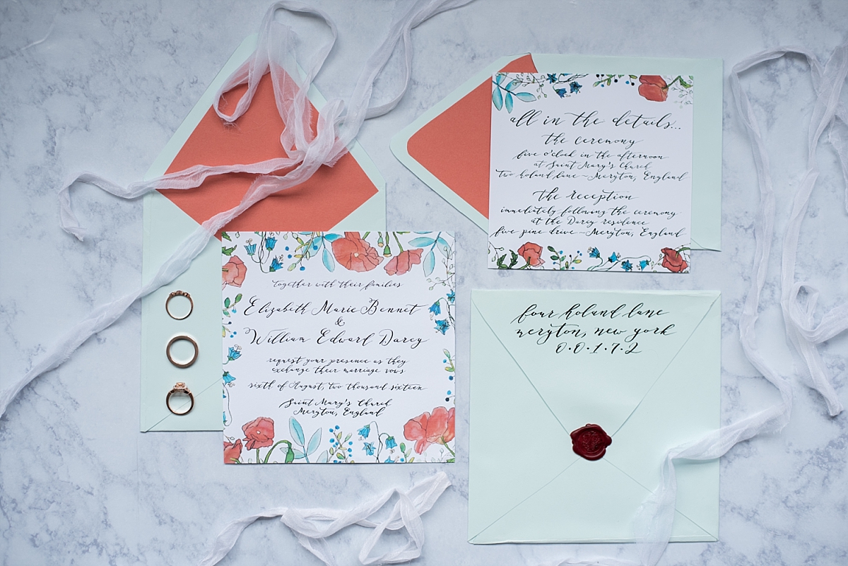 Mint and poppy wedding invitations