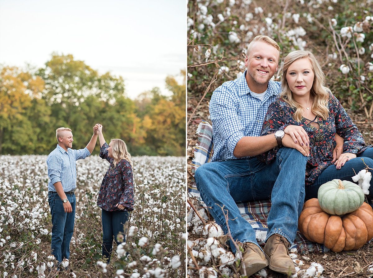 Couple dancing in cotton field during anniversary photoshoot
