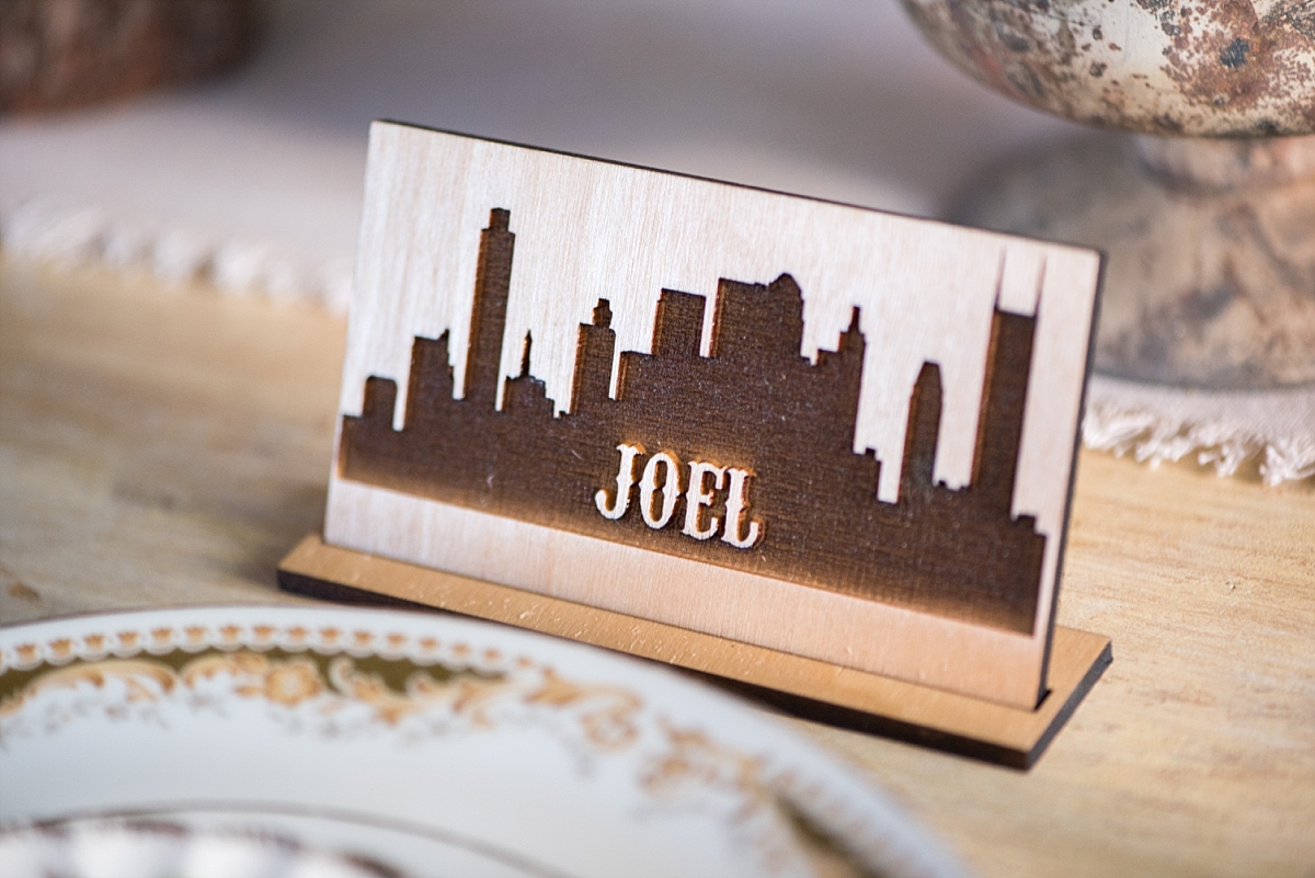 Nashville skyline imprinted wood table seating cards by whiskey teacup