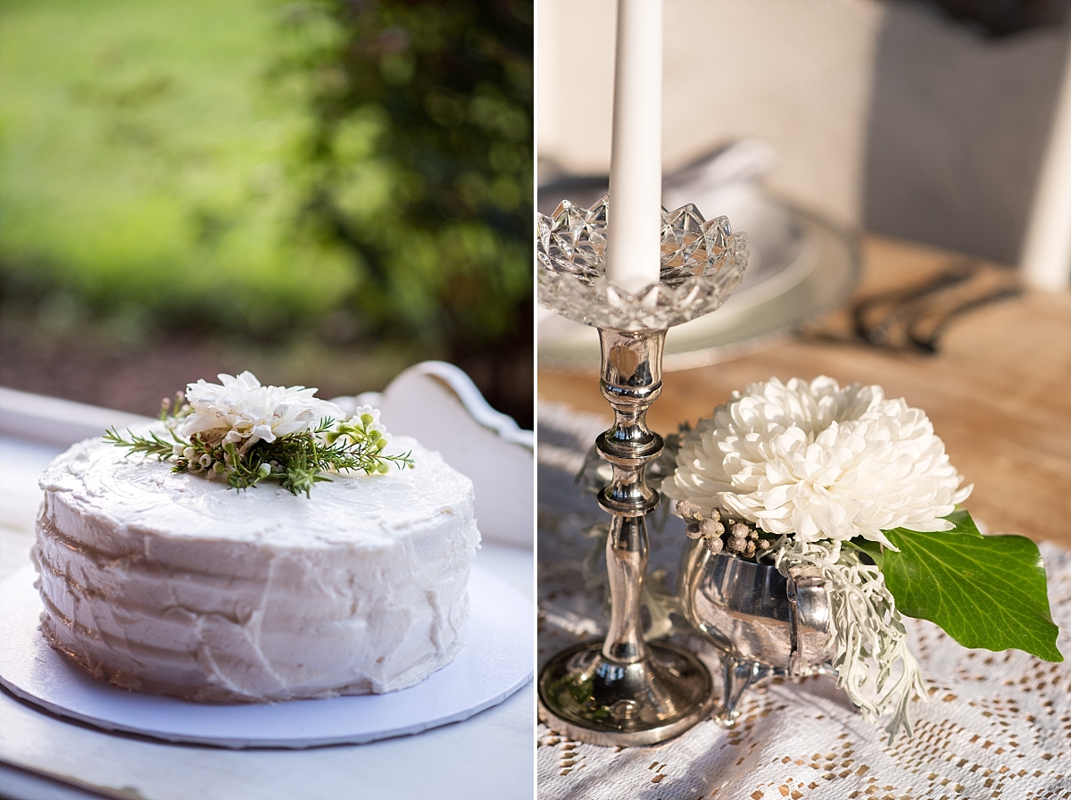 Simple homestyle 1 tier round cake with silver and greenery