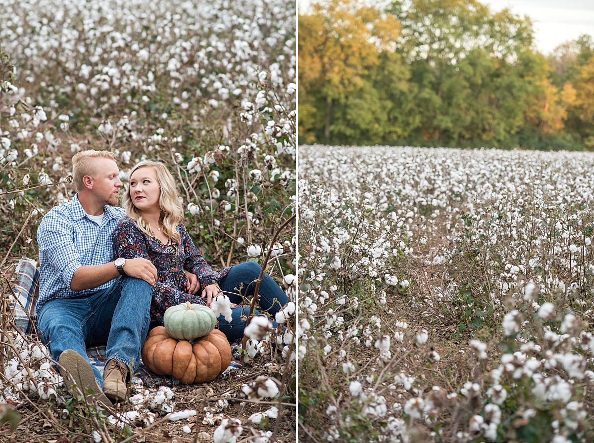 Couple sitting in cotton field in Murfreesoro