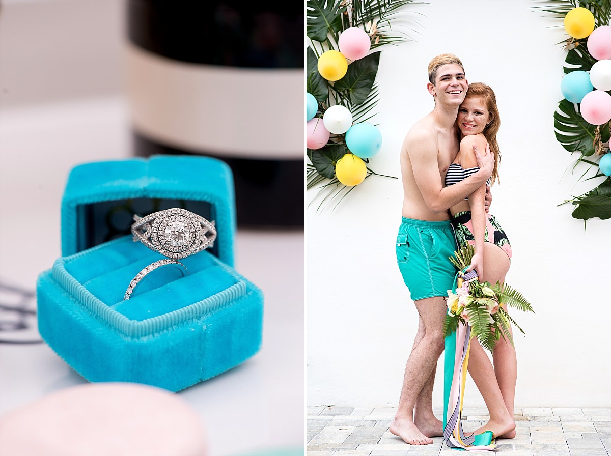 Vibrant teal ring box with diamond roung cushion rin and band