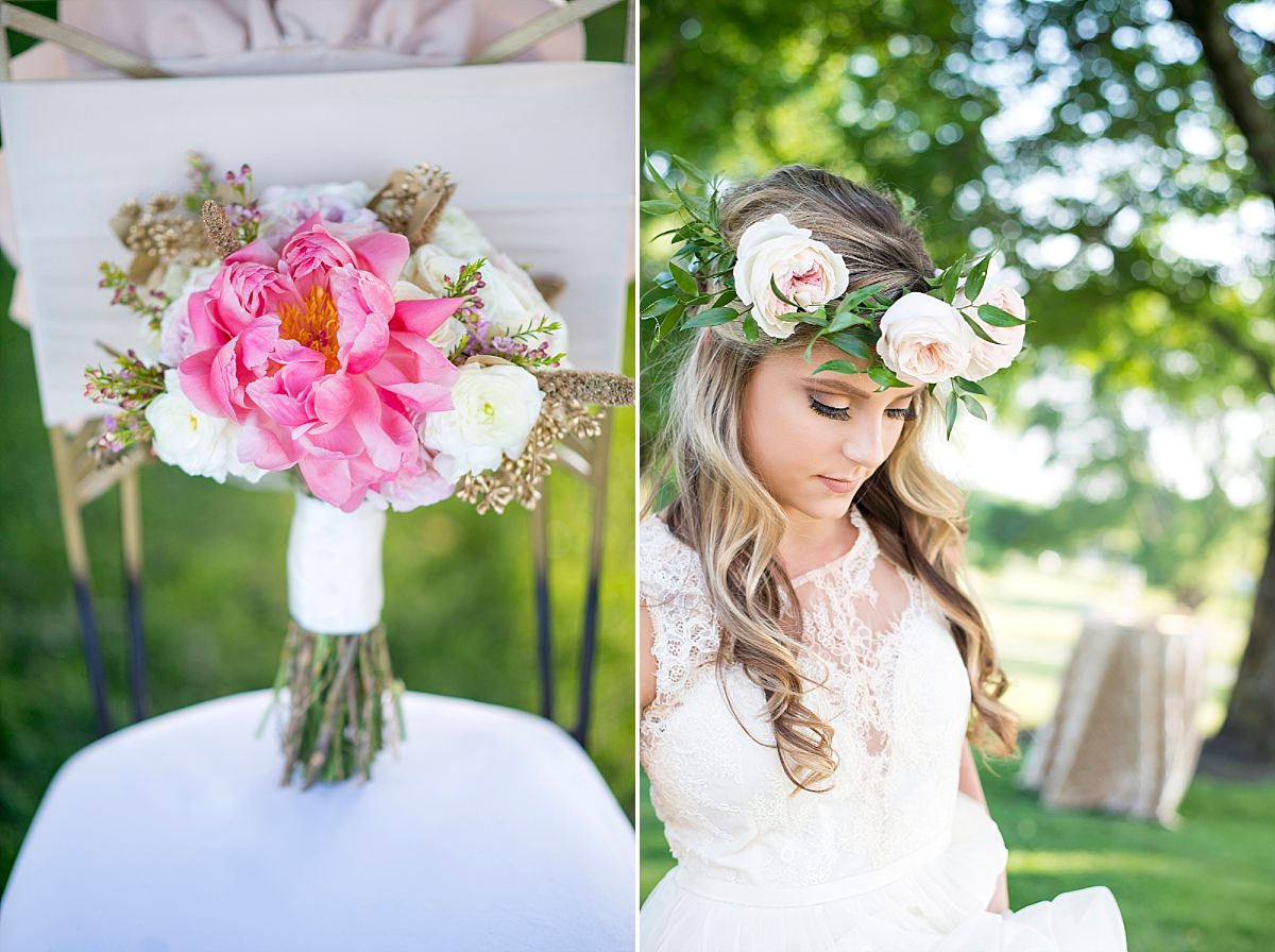 Elegant young bride with pink flower crown and large ivory roses and vibrant pink peony bridal bouquet