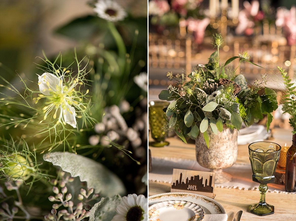 Vintage earth green and brown table decorations and fowers