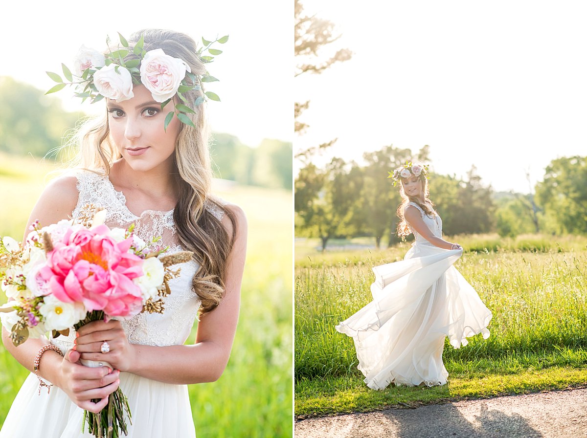 Whimsical light hearted and fun bride twirling in the sheer dres