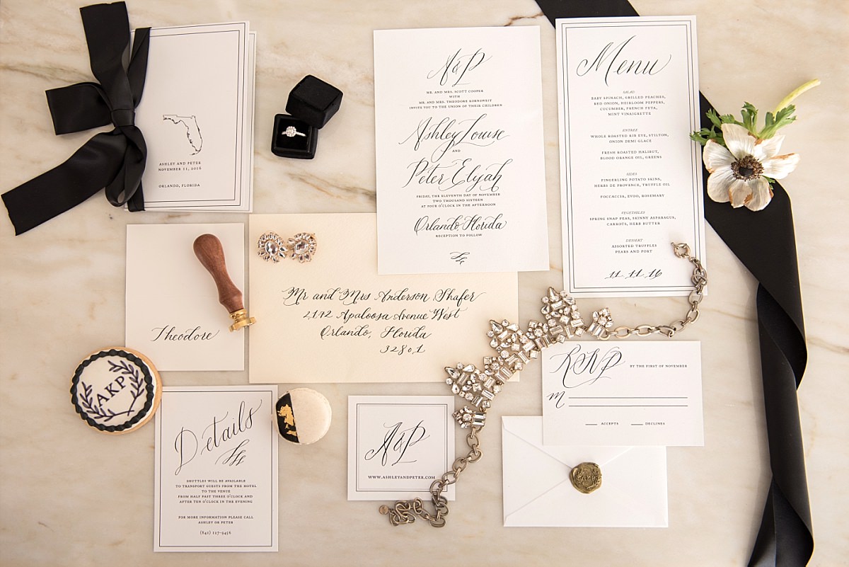 Details of black and white invitations