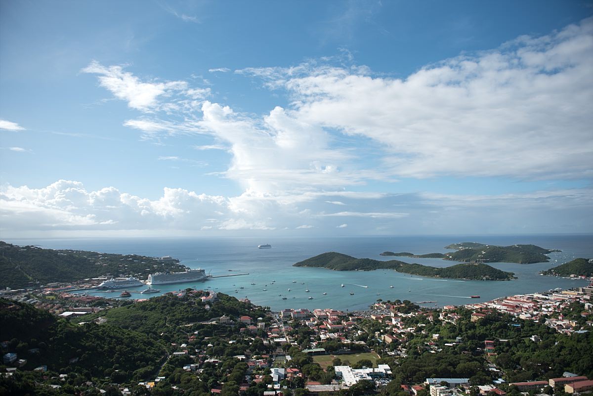 St. Thomas overhead view of island and cruise ports