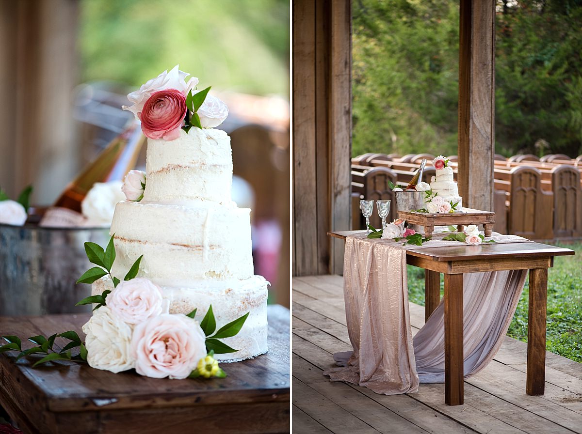 3 tier naked wedding cake with pink flowers