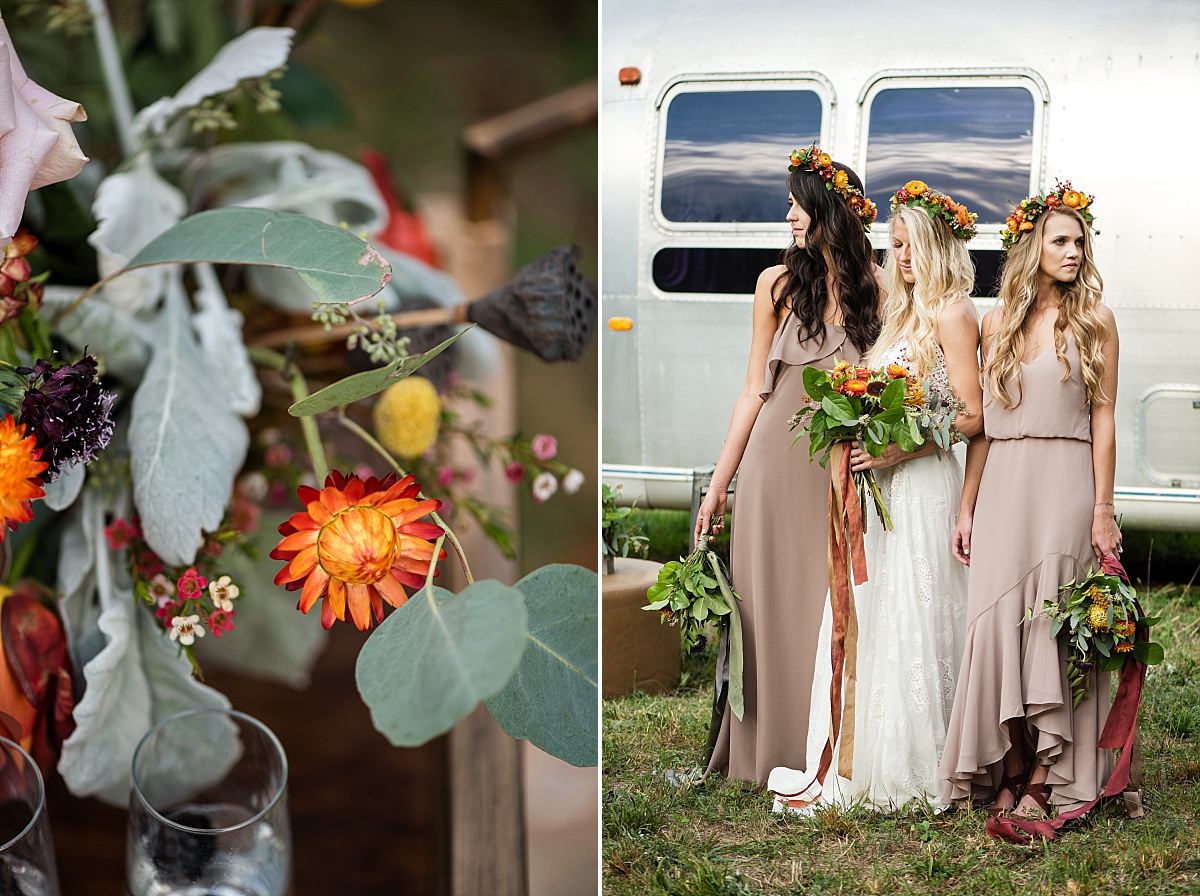Bride and bridesmaids in front of vintage airstream