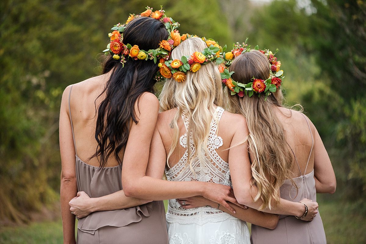 Bridesmaids and bride with boho inspired style