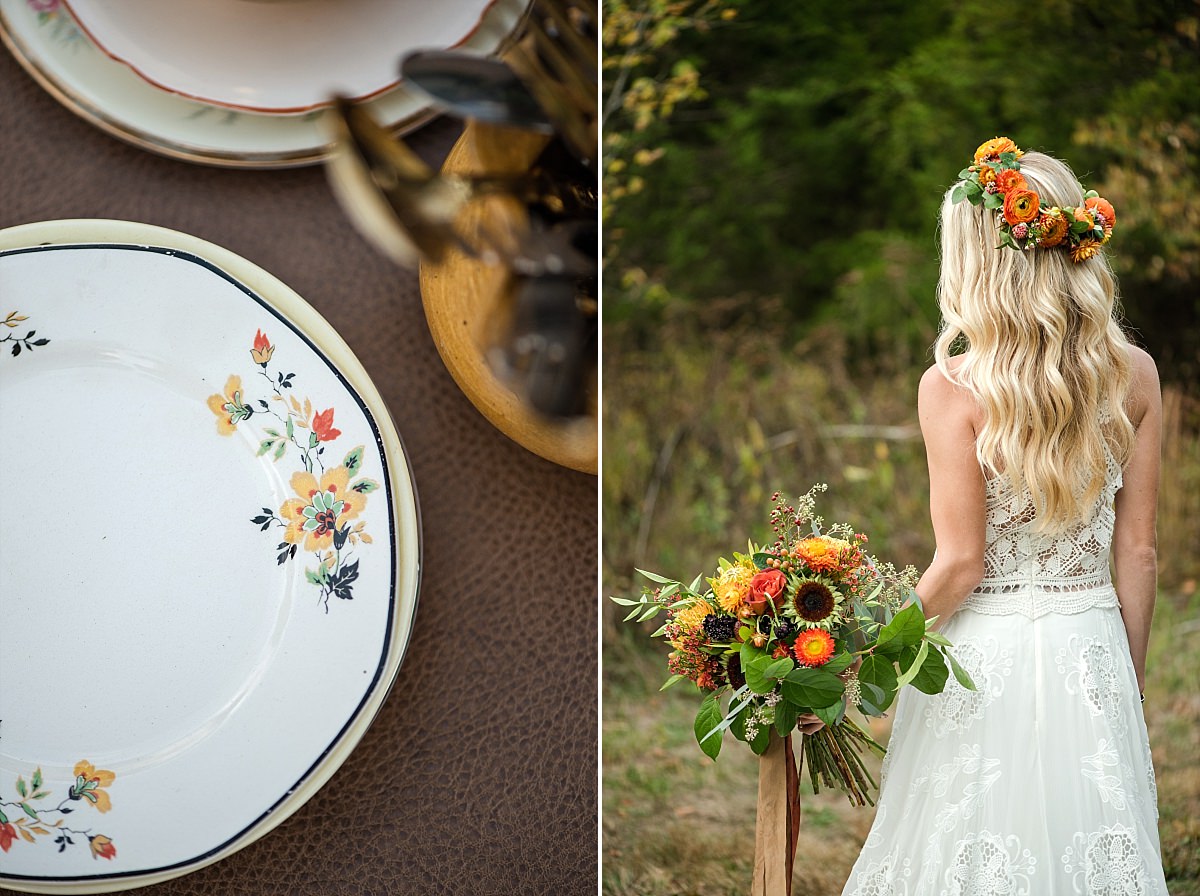 Vintage boho plates whimsical knitted back of a wedding dress