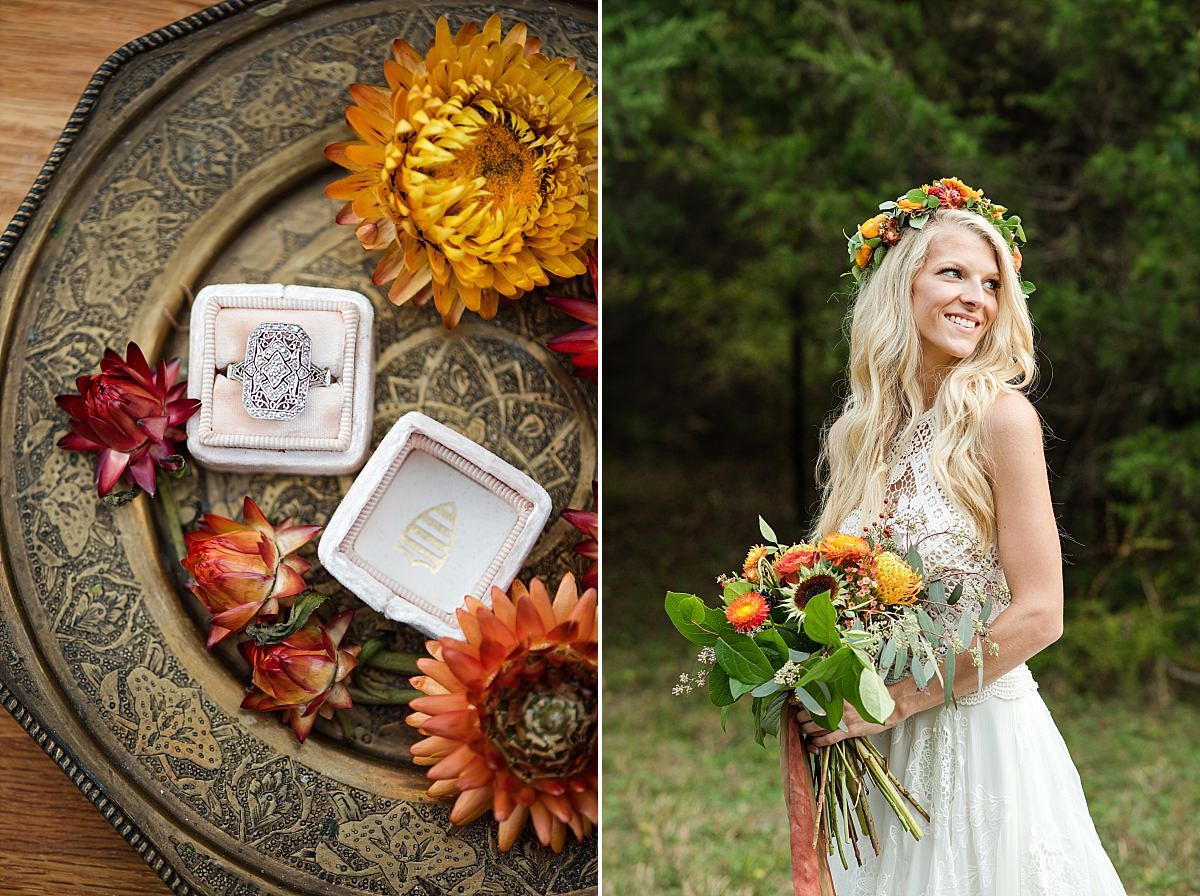 Young bohemian bride with fall floral bouquet
