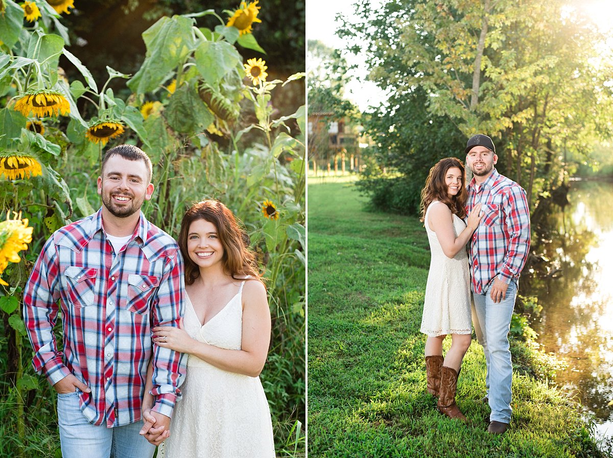 Sunflower and creek engagement session at Sinking Creek Farms