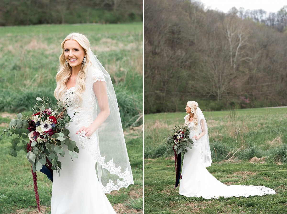 Elegant photo of bride near a field on her wedding day
