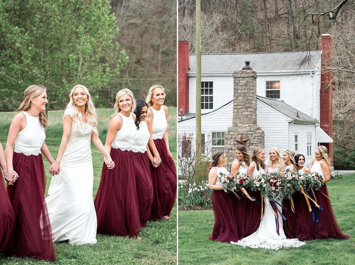 Bride with bridesmaids in maroon tulle skirts