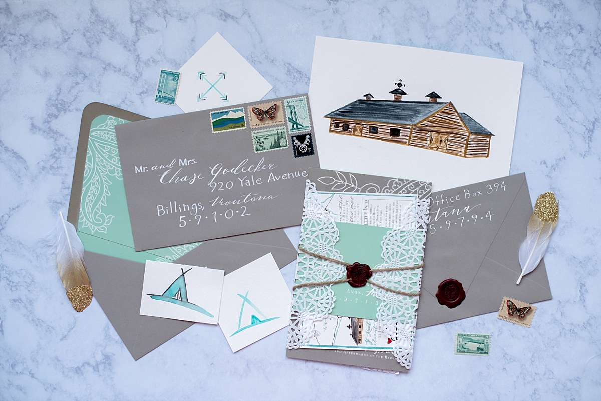 Grey and mint montana inspired wedding invitations