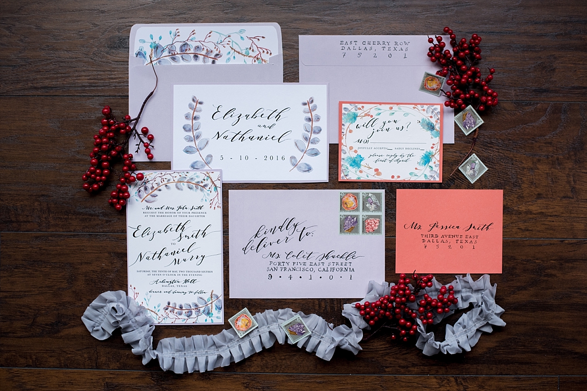 Salmon and lavendar colored wedding invitations