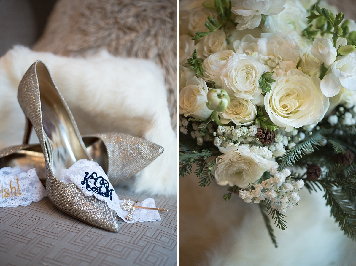 Shiny bride heels & blue and white monogram garter