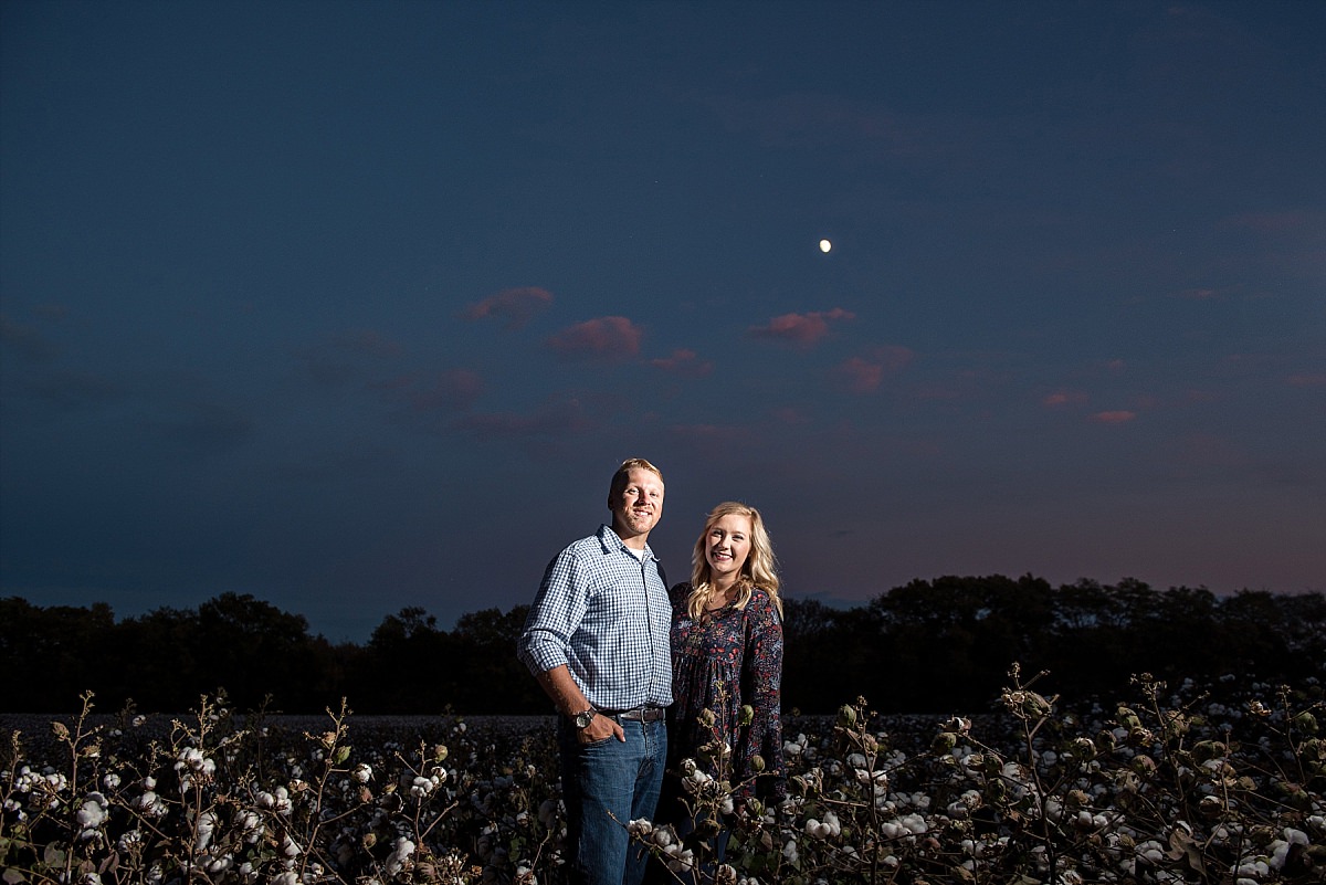 dramatic night photos of couple in cotton field