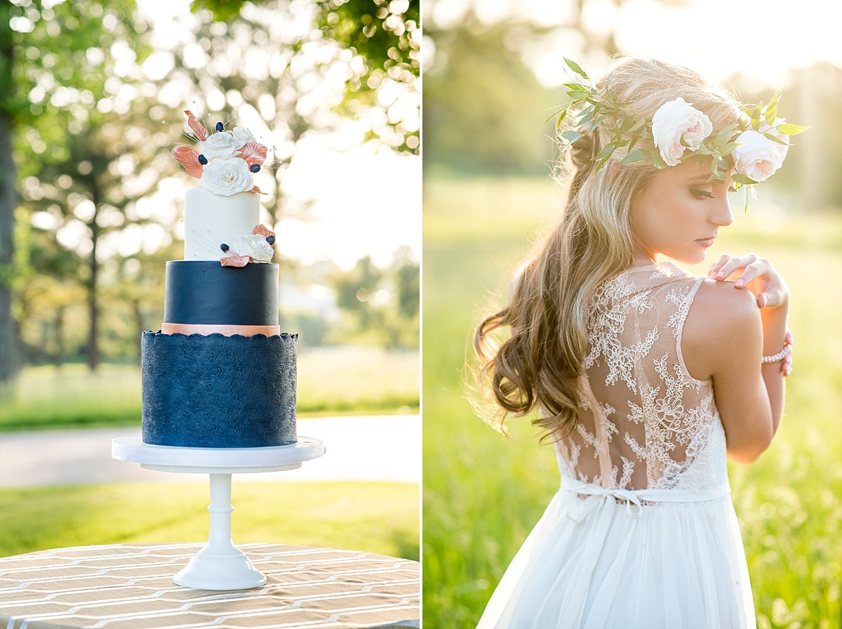 Elegant roung multi tiered cake of ivory and navy with sugar flowers