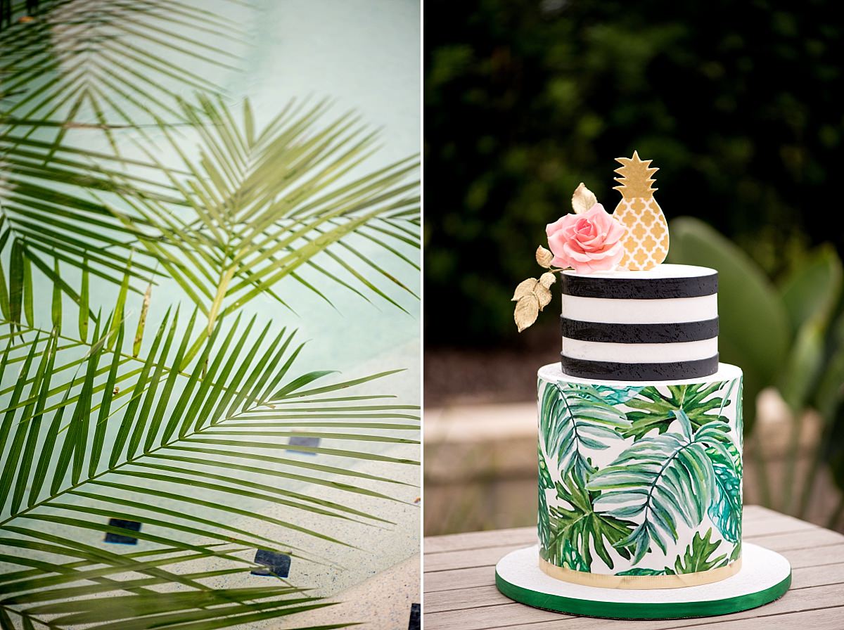 Palm branches in pool, Kate Spade inspired cake with roses and pineapple