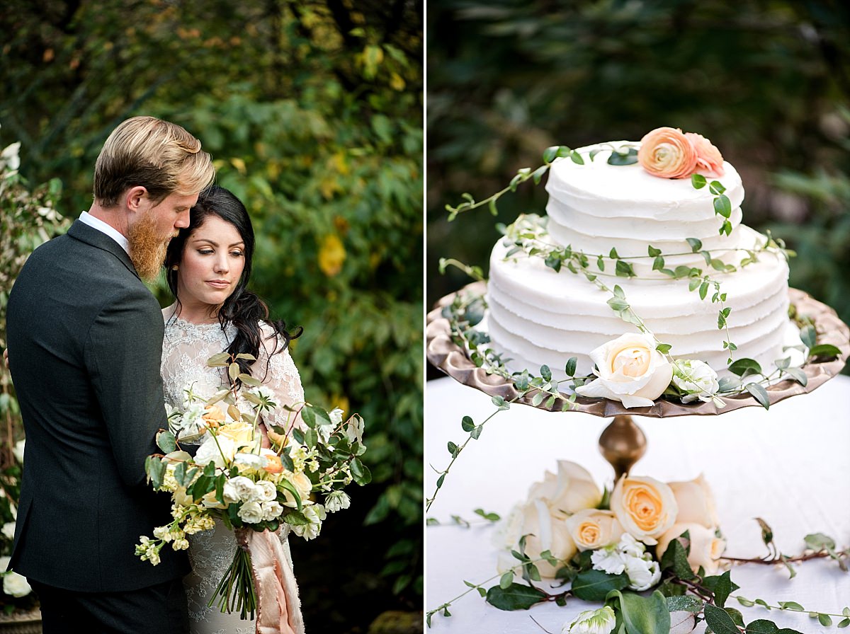 Two tier wedding cake with simple white frosting, orange flowers and small ivy greenery